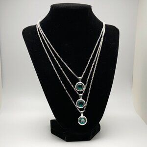 Delicate Triple Strand Silver Tone Necklace with Blue-green Gems Bezel Adj NWT